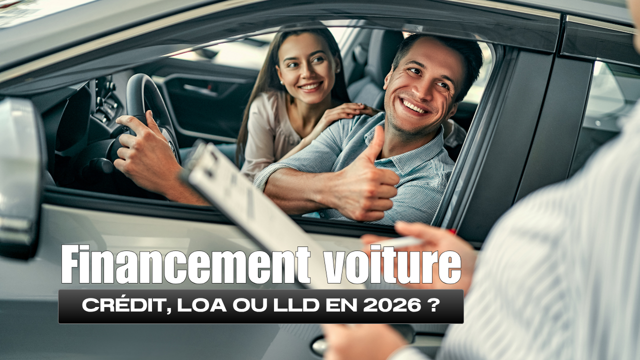 Illustration expliquant les différentes solutions de financement automobile en 2026 : crédit auto, LOA et LLD, avec leurs avantages et inconvénients.