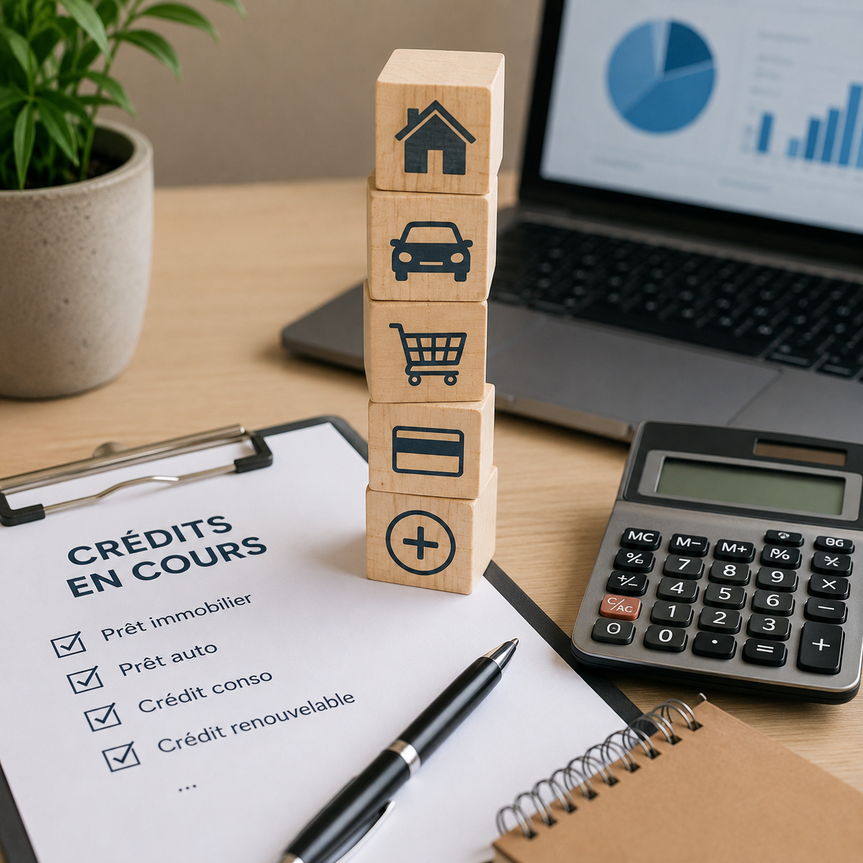 Personne organisant plusieurs crédits sur un bureau avec calculatrice, documents financiers et icônes représentant un prêt immobilier, un crédit auto, un crédit à la consommation et un crédit renouvelable.