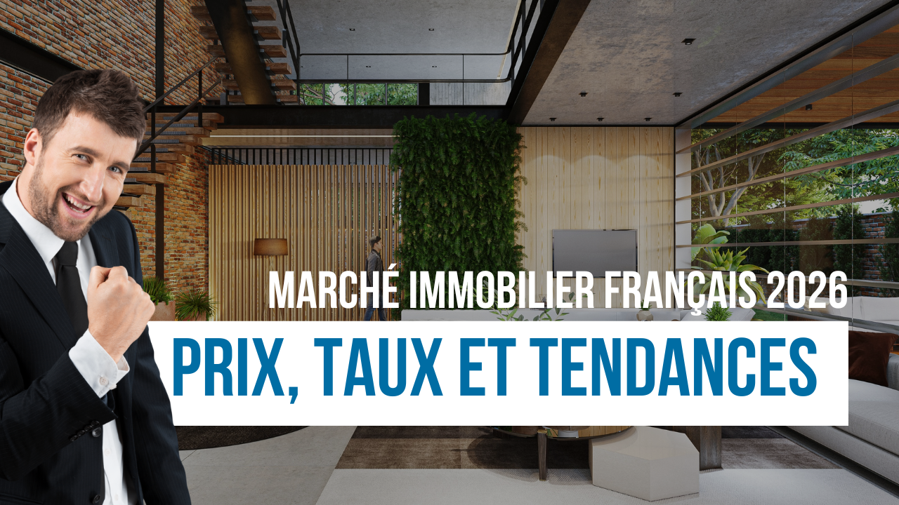 Illustration du marché immobilier français 2026 intégrant les tendances des prix, des taux d’intérêt et du financement bancaire.