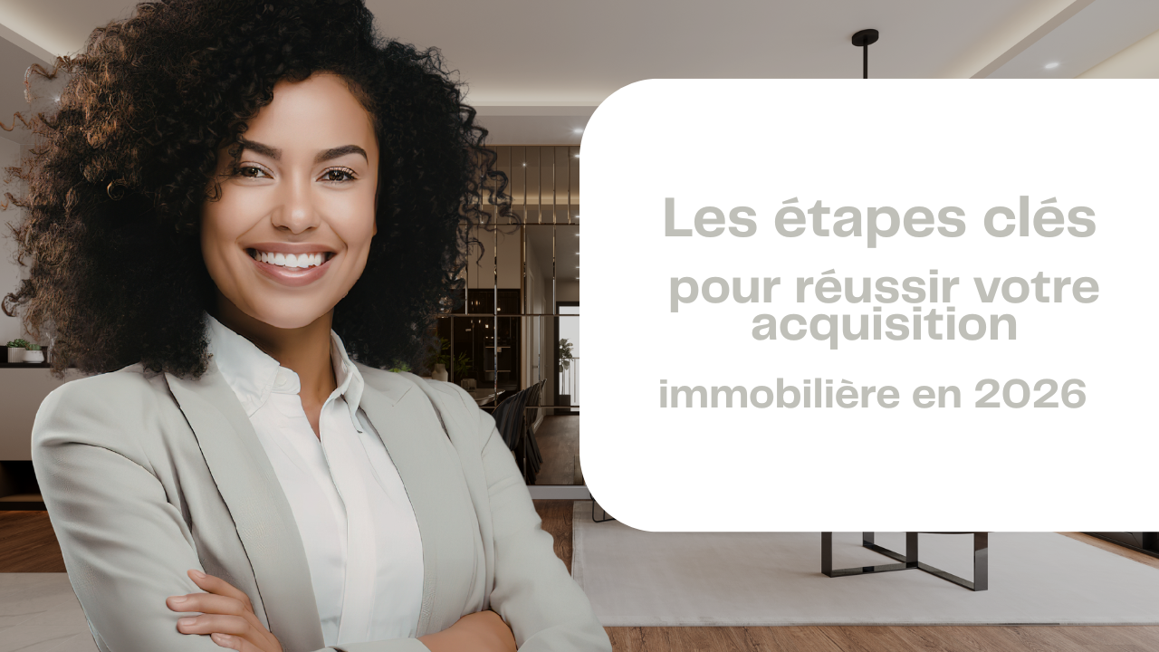 Visuel représentant les différentes étapes d’un achat immobilier en 2026, du budget initial à la signature chez le notaire avec les éléments financiers clés.