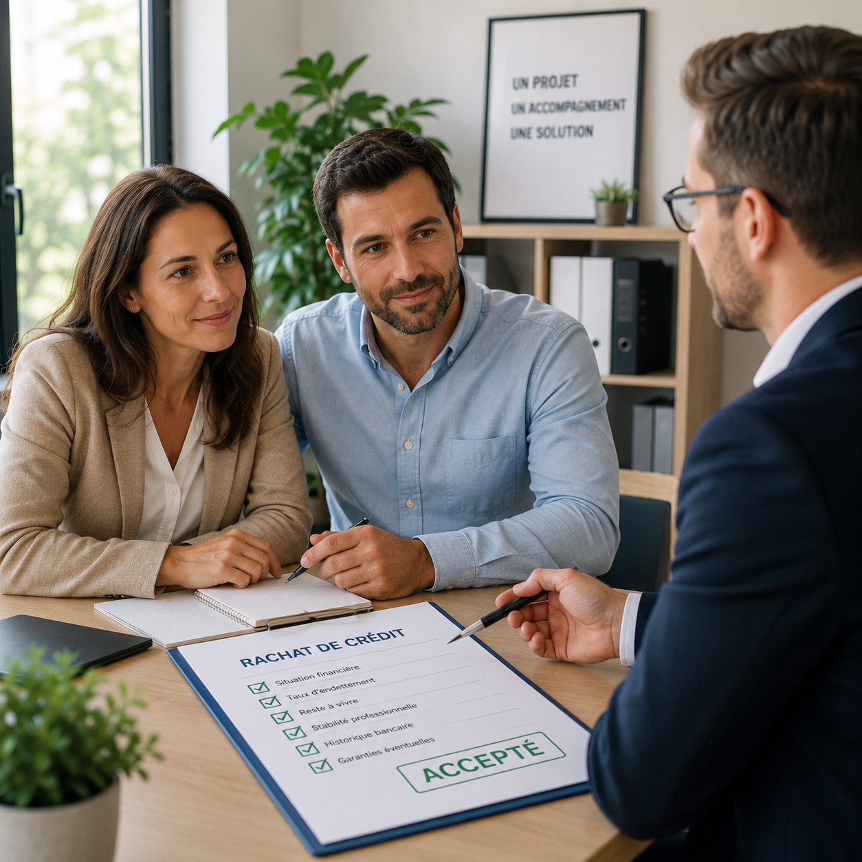 Couple en rendez-vous avec un courtier analysant les critères d'acceptation d'un rachat de crédit dans un bureau moderne.