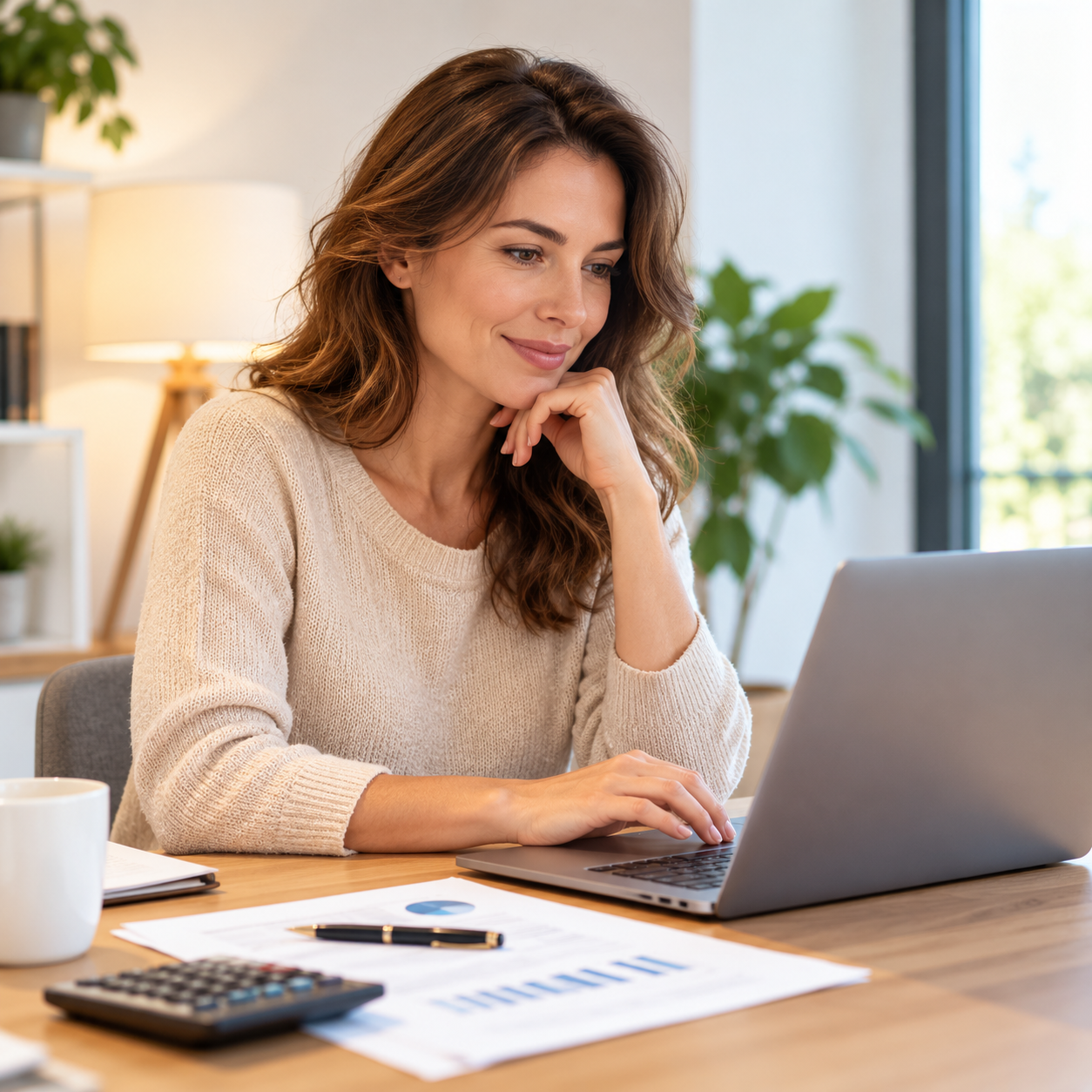Femme réalisant une simulation de rachat de crédit en ligne