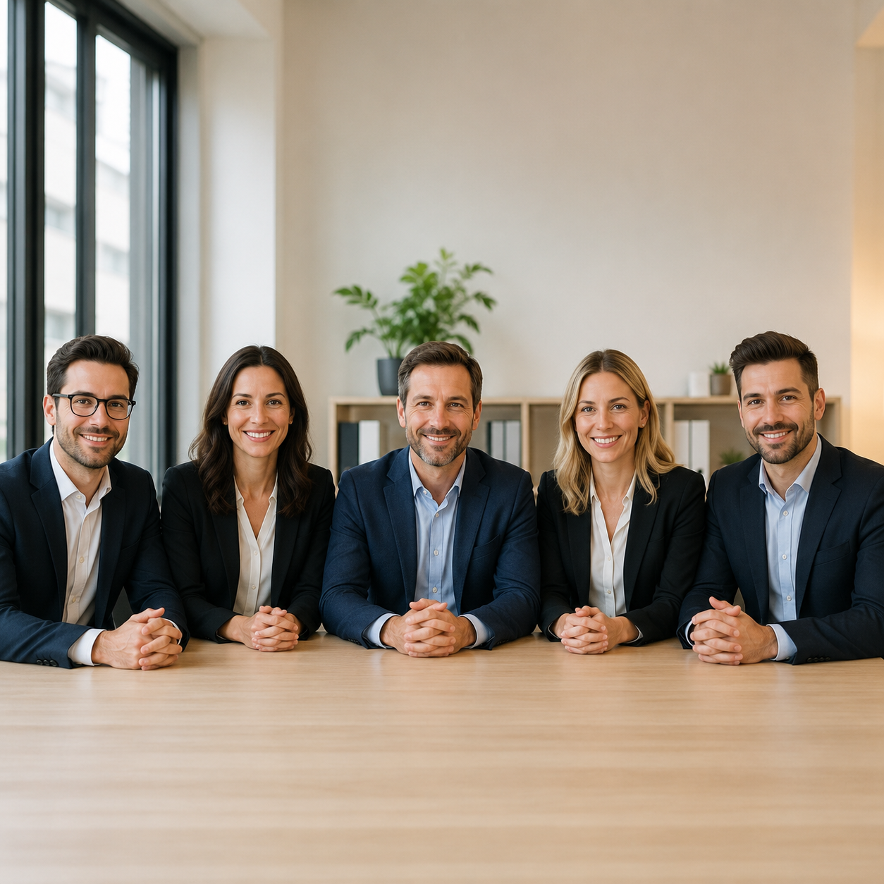 Cinq courtiers en rachat de crédit réunis côte à côte dans un bureau moderne pour illustrer un comparatif de professionnels à Béthune.