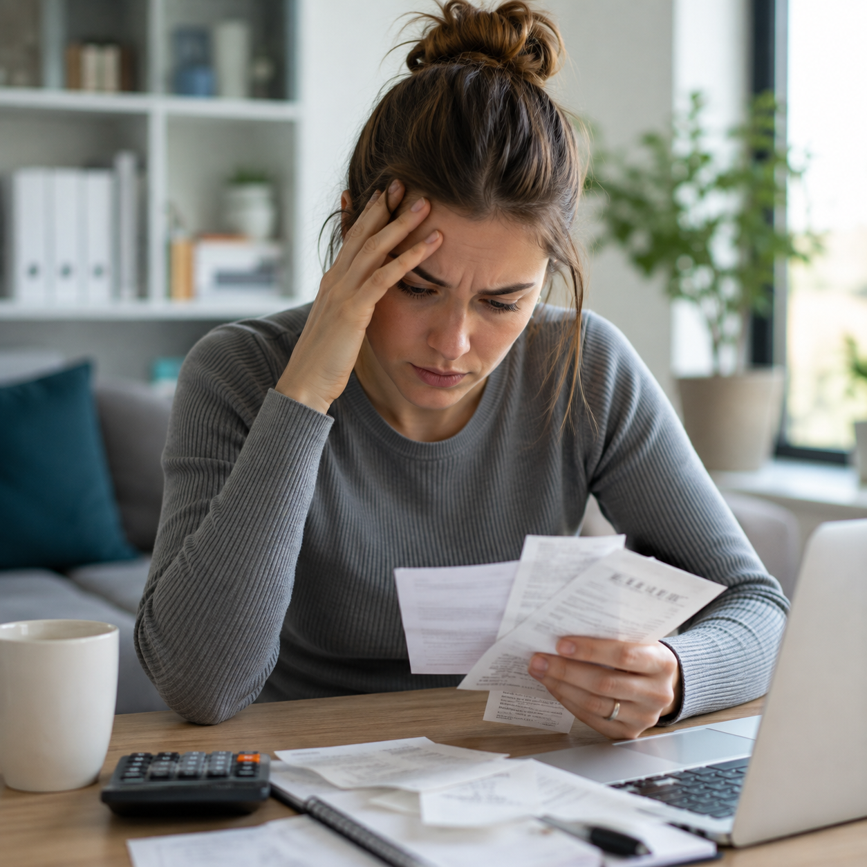 Femme préoccupée par l'accumulation de ses crédits et de ses dépenses