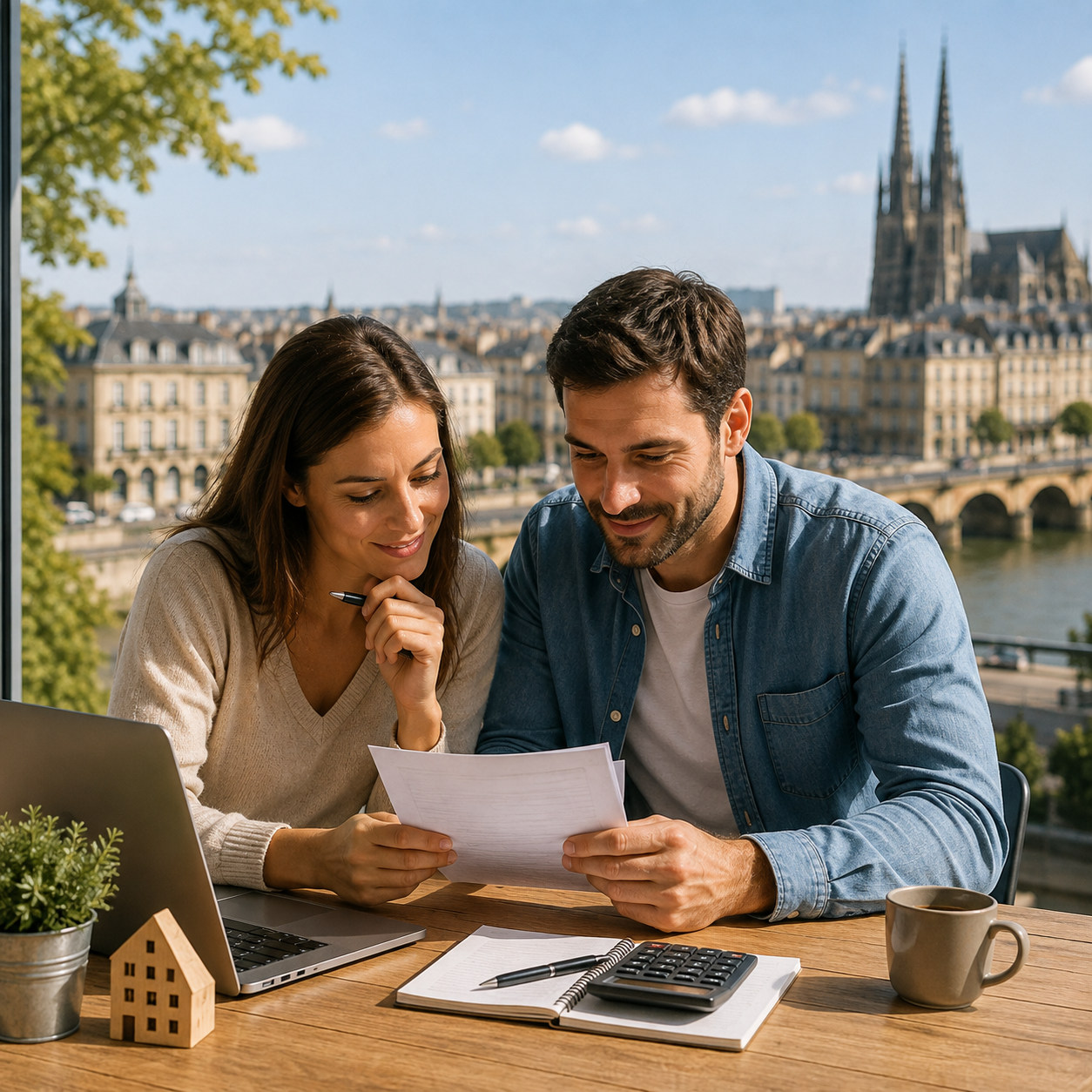 Couple de propriétaires étudiant un projet de rachat de crédits à Bordeaux avec un conseiller à distance.