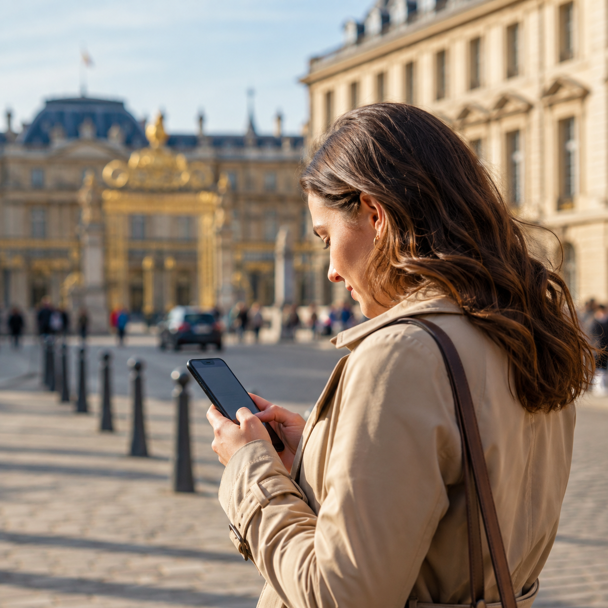 Habitante de Versailles consultant son smartphone devant le château de Versailles pour préparer un projet de rachat de crédits.