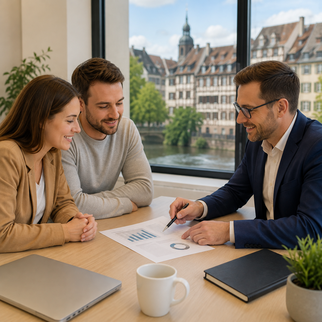 Couple échangeant avec un conseiller en rachat de crédits dans un bureau moderne à Rennes afin d'étudier une solution de regroupement de crédits.