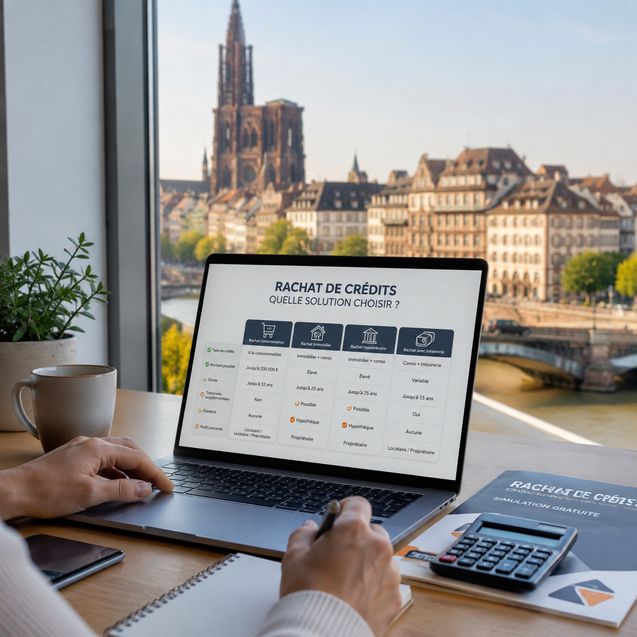 Comparatif des solutions de rachat de crédits à Strasbourg avec simulation de financement et vue sur le centre-ville.