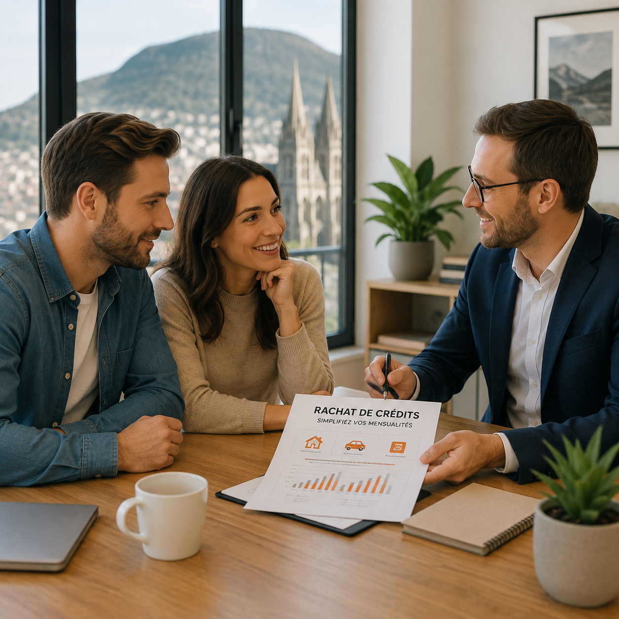 Couple propriétaire échangeant avec un courtier en rachat de crédits à Clermont-Ferrand pour étudier une solution de financement immobilier.