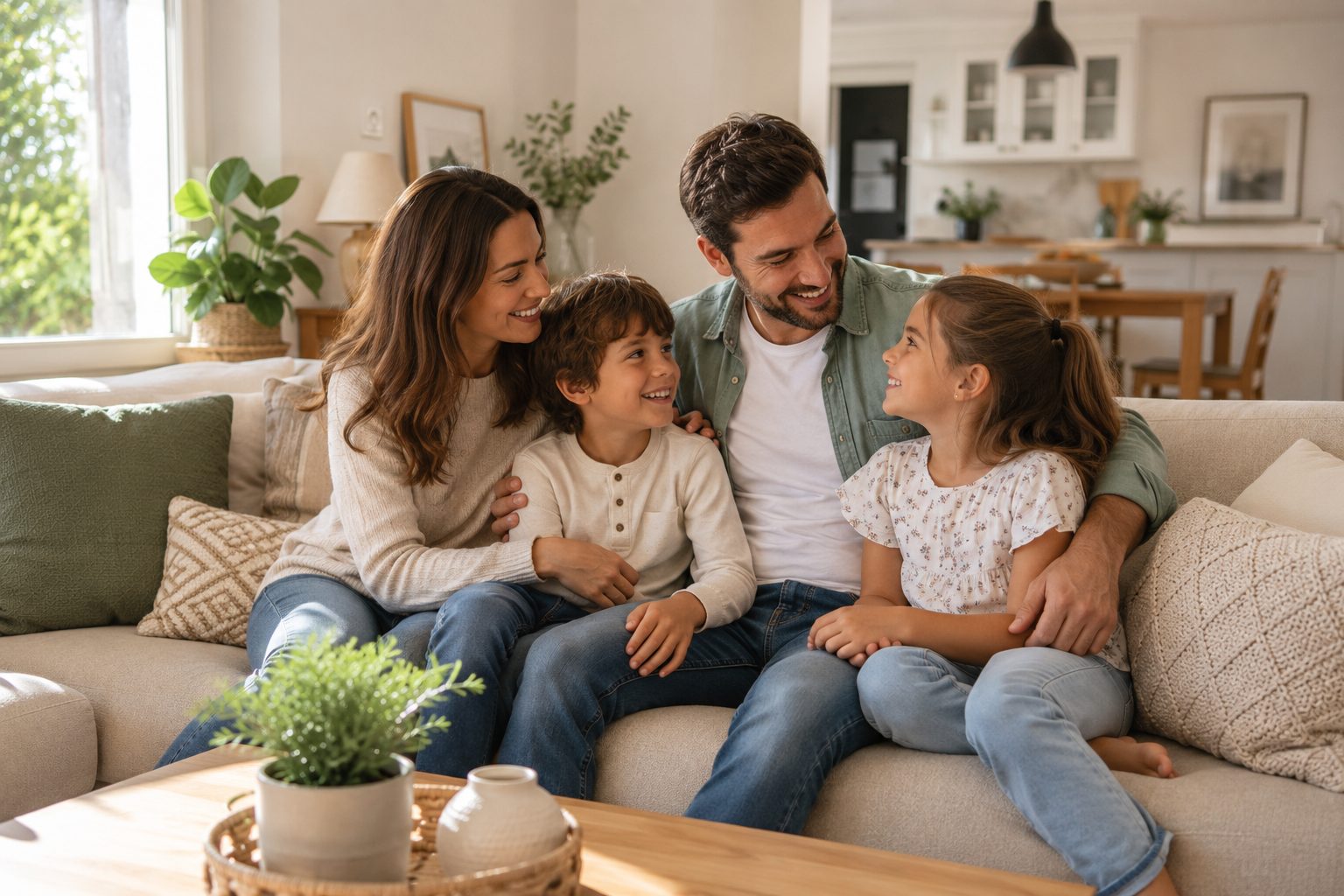 Famille réunie dans le salon de sa maison, illustrant un foyer stable pouvant bénéficier d'un rachat de crédits pour réorganiser son budget.