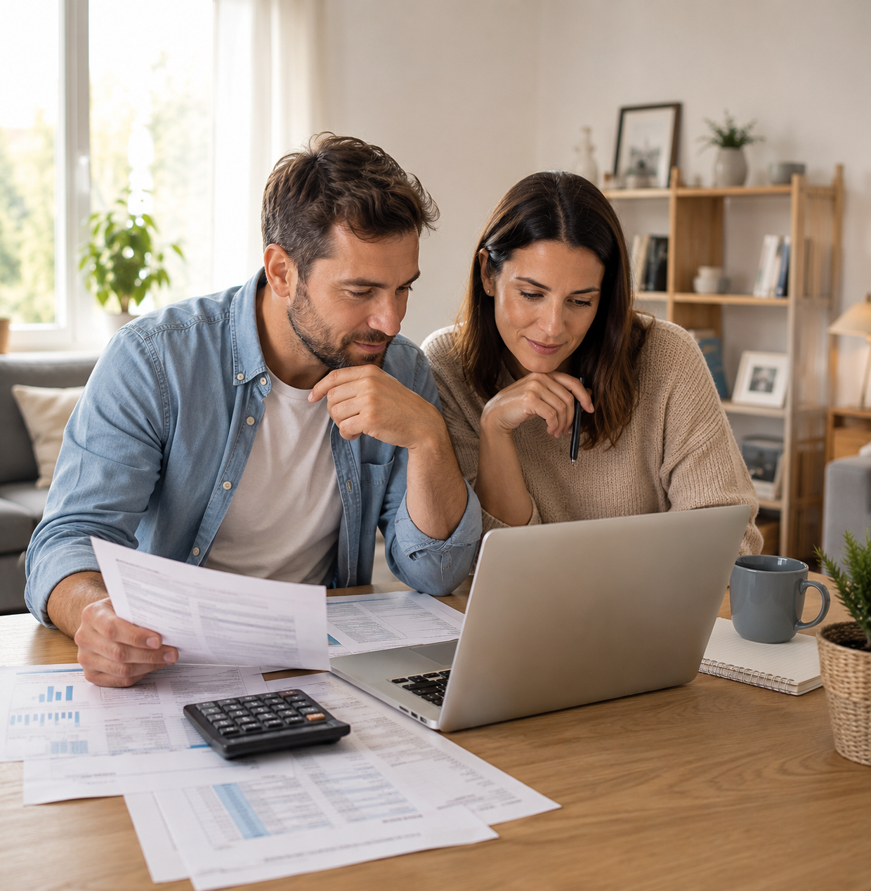 Couple consultant ses documents et son budget sur un ordinateur à domicile