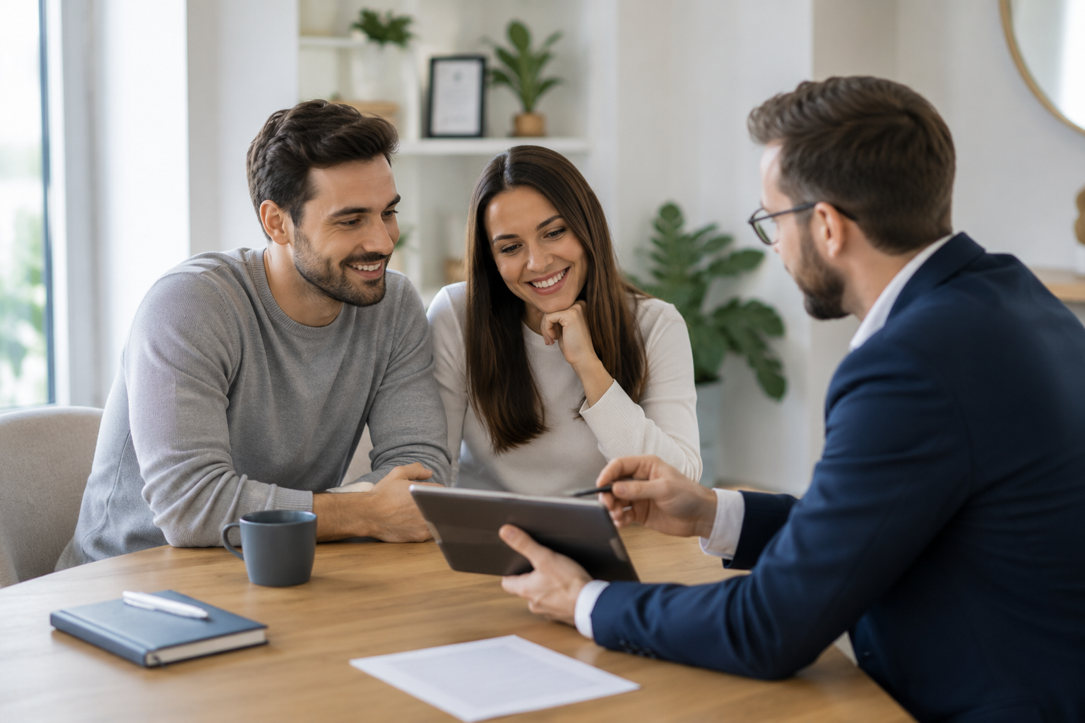 Couple échangeant avec un courtier en rachat de crédits lors d'un rendez-vous personnalisé pour étudier son projet de financement.