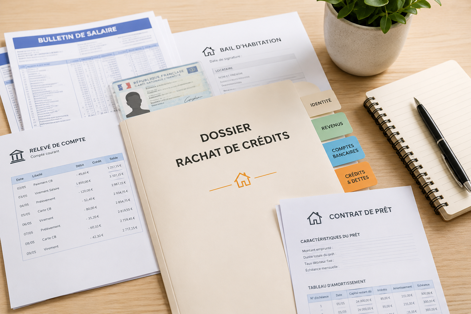 Dossier de rachat de crédits pour locataire avec pièce d’identité, bulletins de salaire, relevés bancaires, bail et contrat de prêt.