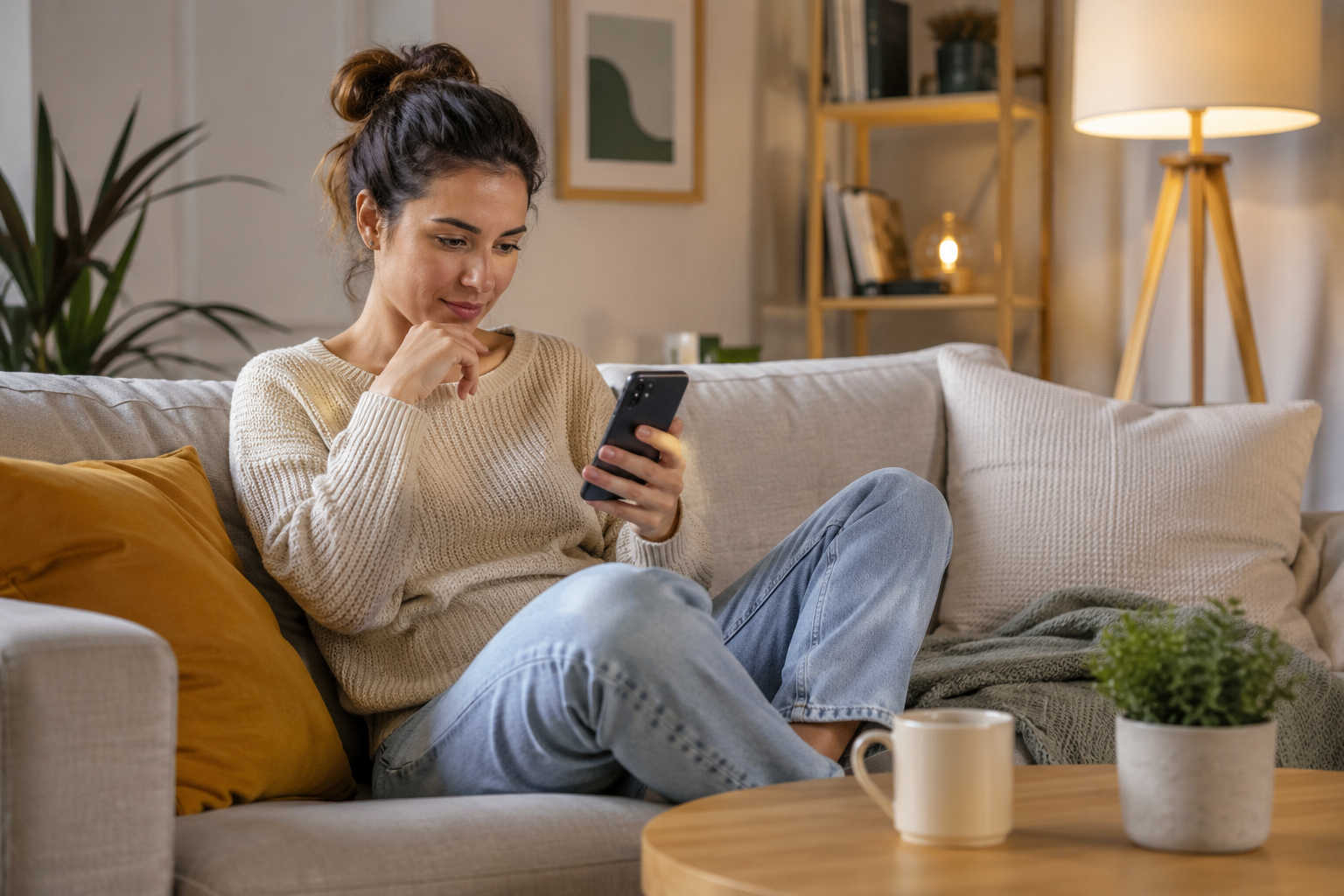 Locataire assis sur son canapé consultant une simulation de rachat de crédits sur son téléphone pour réduire ses mensualités et mieux gérer son budget.