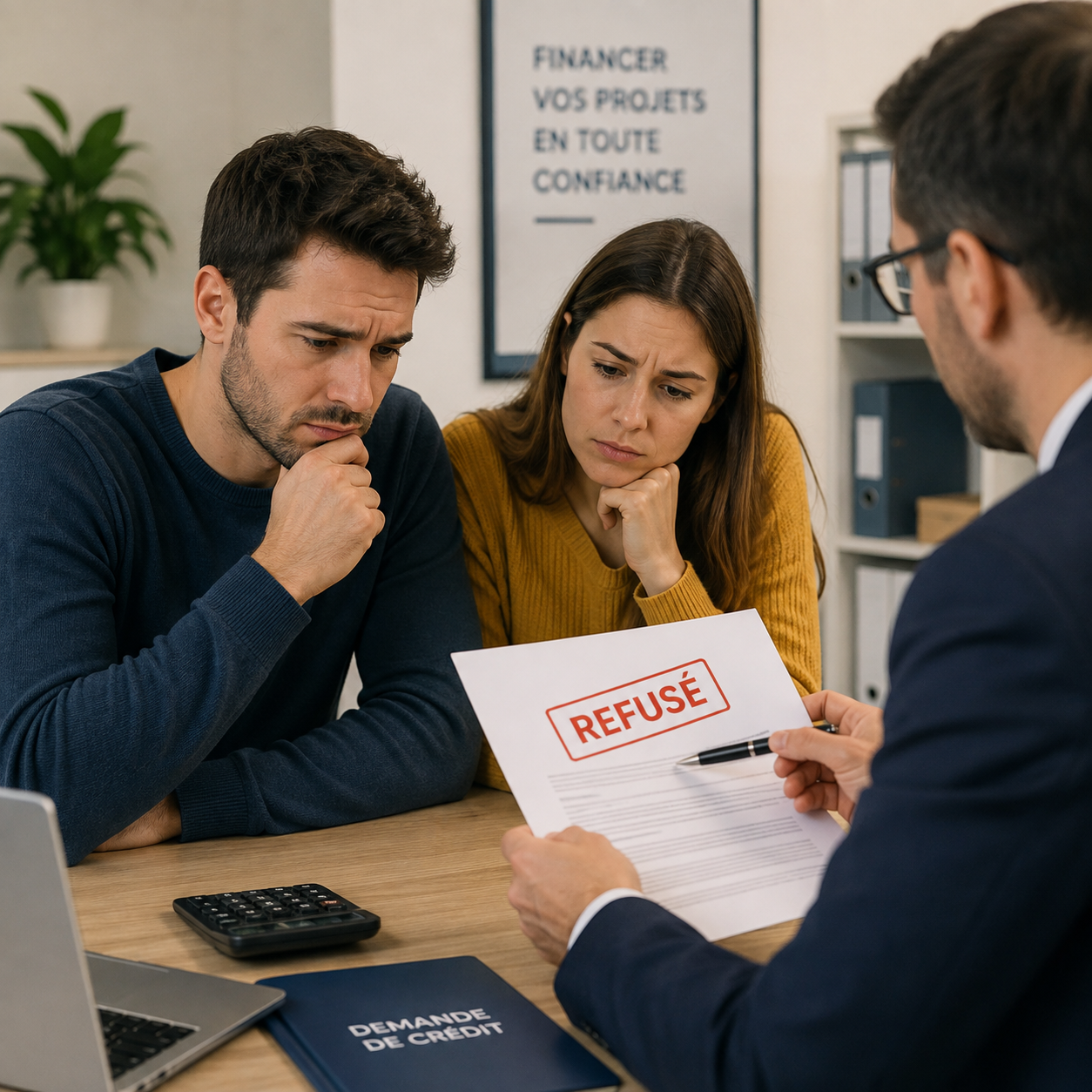 Couple échangeant avec un conseiller après un refus de crédit