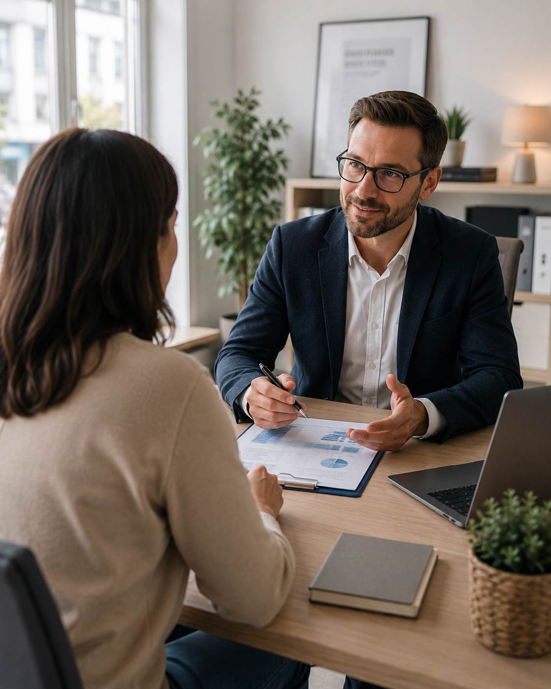 Une cliente échange avec un courtier en rachat de crédit lors d'un rendez-vous personnalisé dans un bureau moderne afin d'étudier son projet de financement.