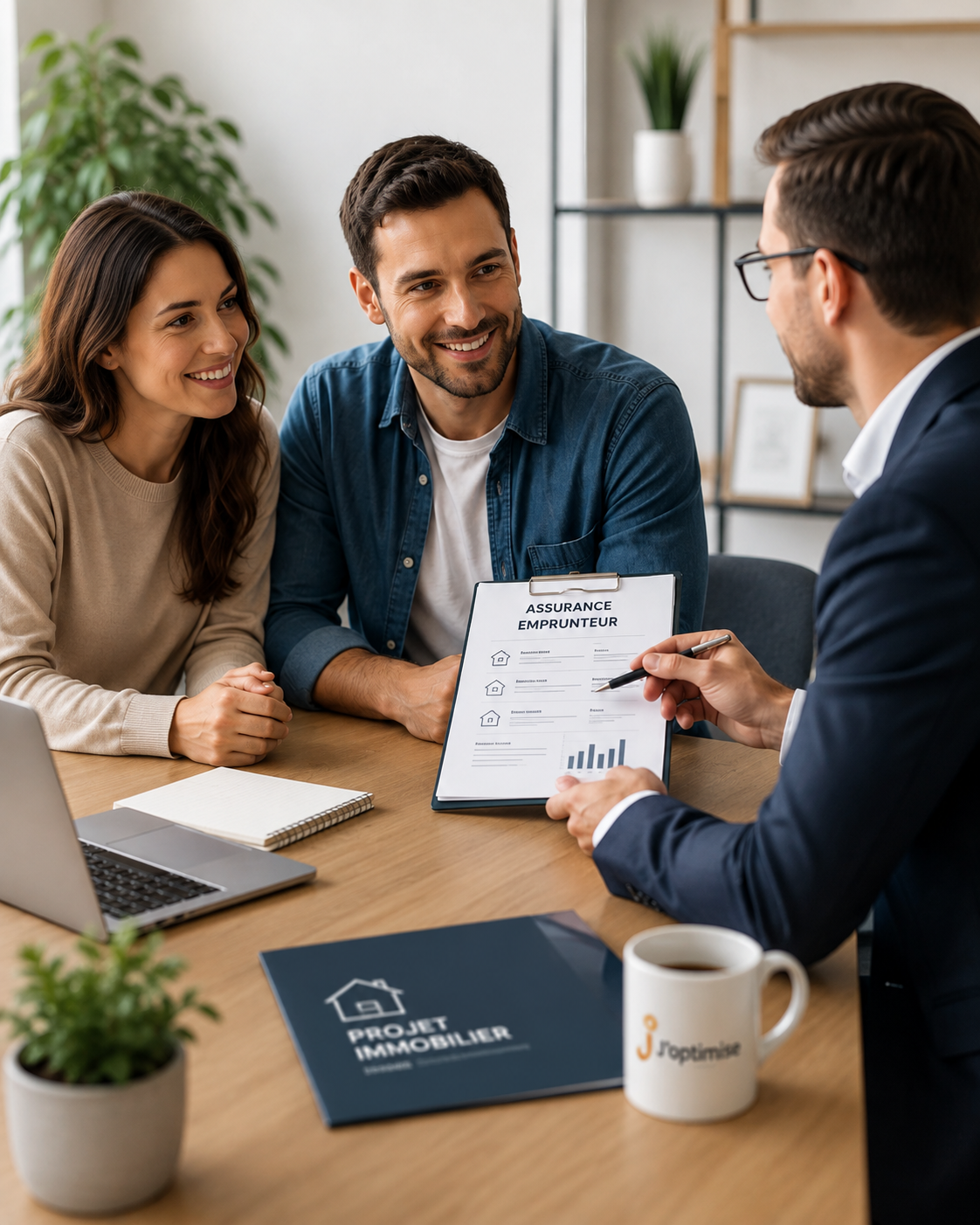 Couple en rendez-vous avec un conseiller pour renégocier son assurance de prêt immobilier