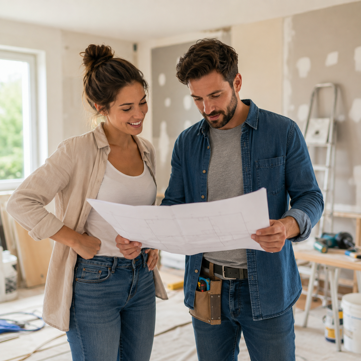 Couple préparant le financement de travaux sans puiser dans son épargne