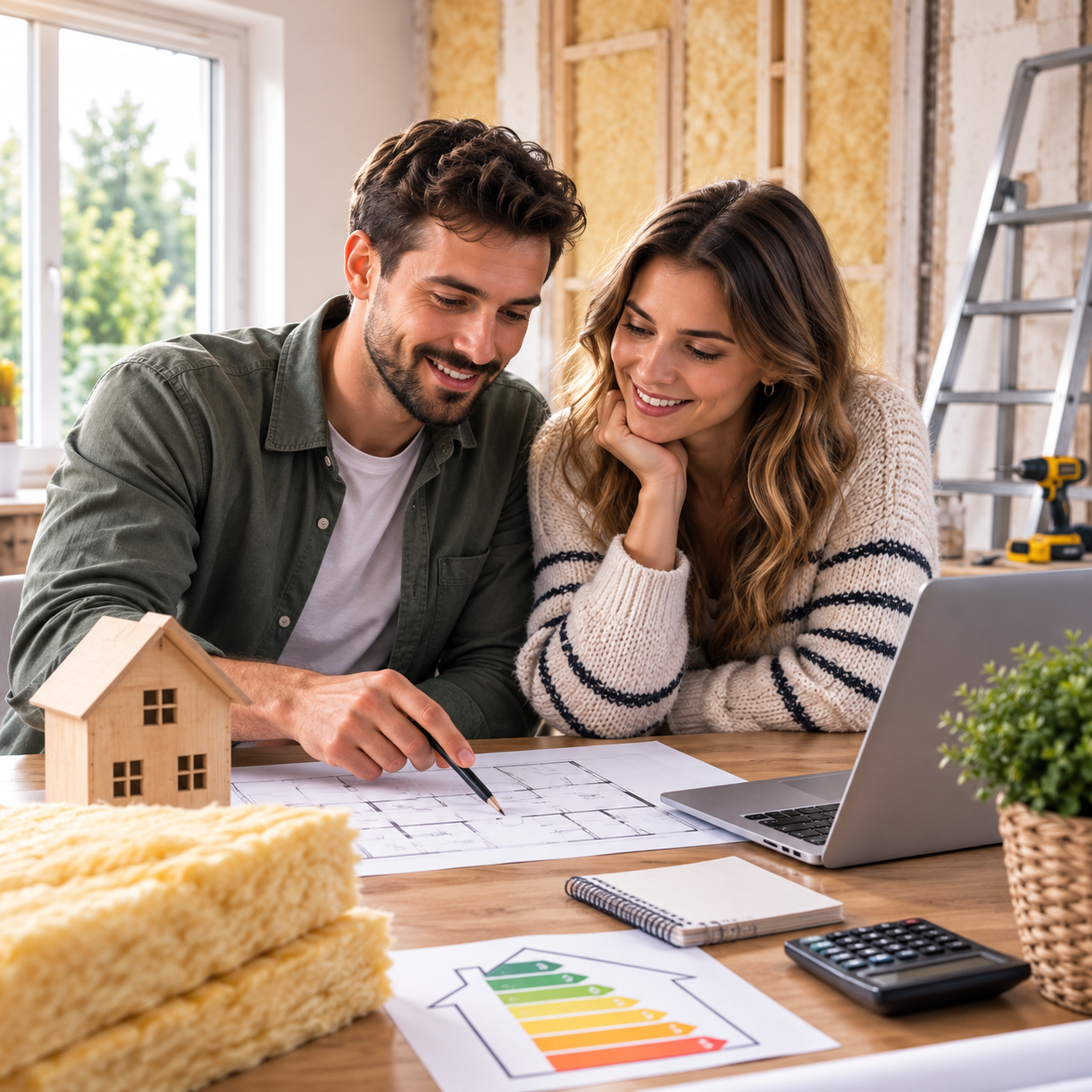 Couple préparant le financement de travaux de rénovation énergétique
