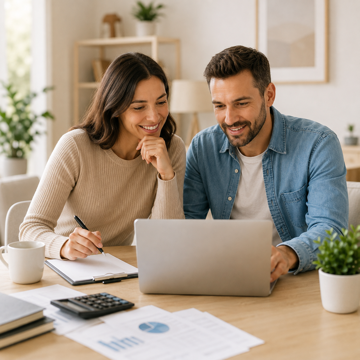 Couple étudiant le financement de ses projets avec un prêt personnel