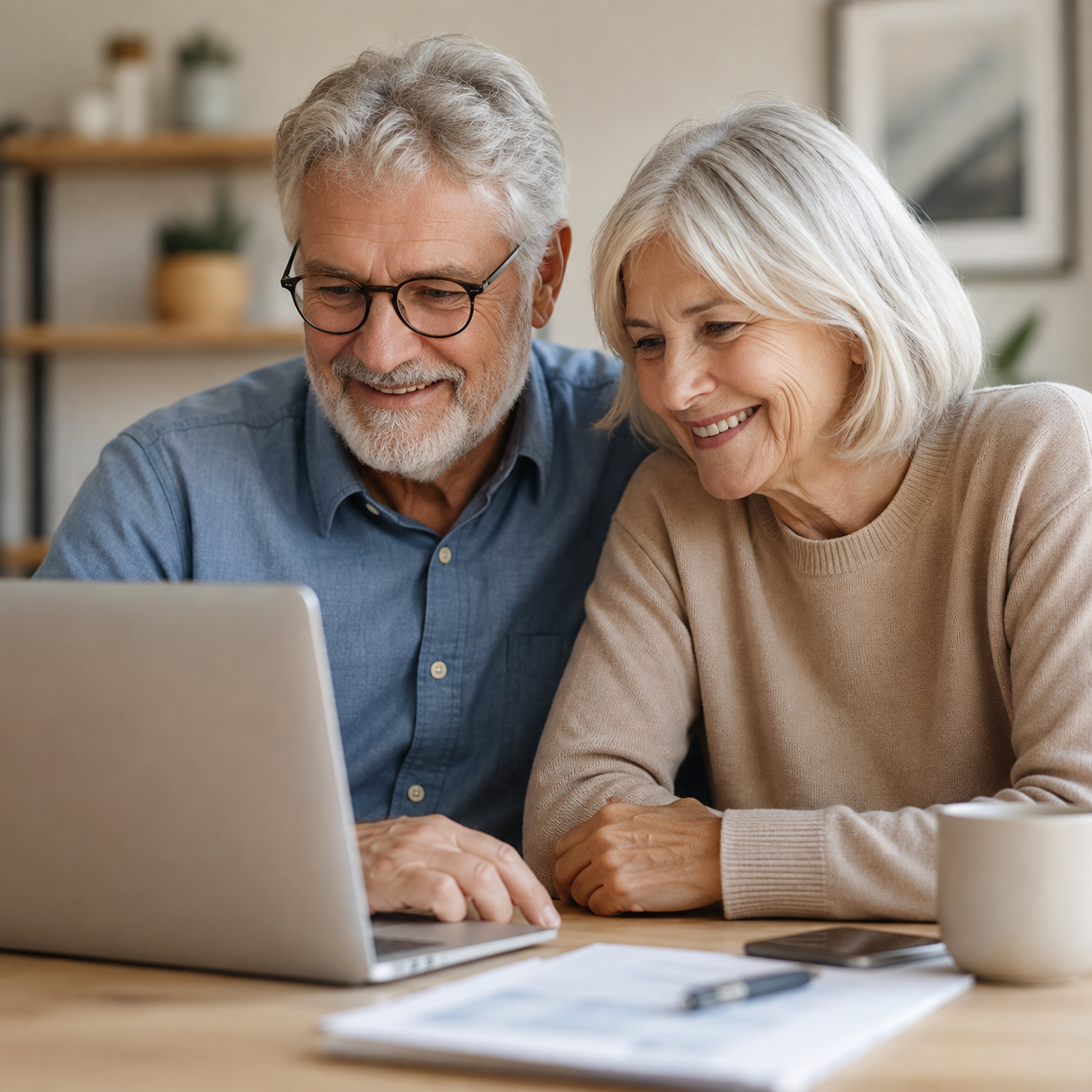 Couple de seniors consultant une simulation de rachat de crédits en ligne