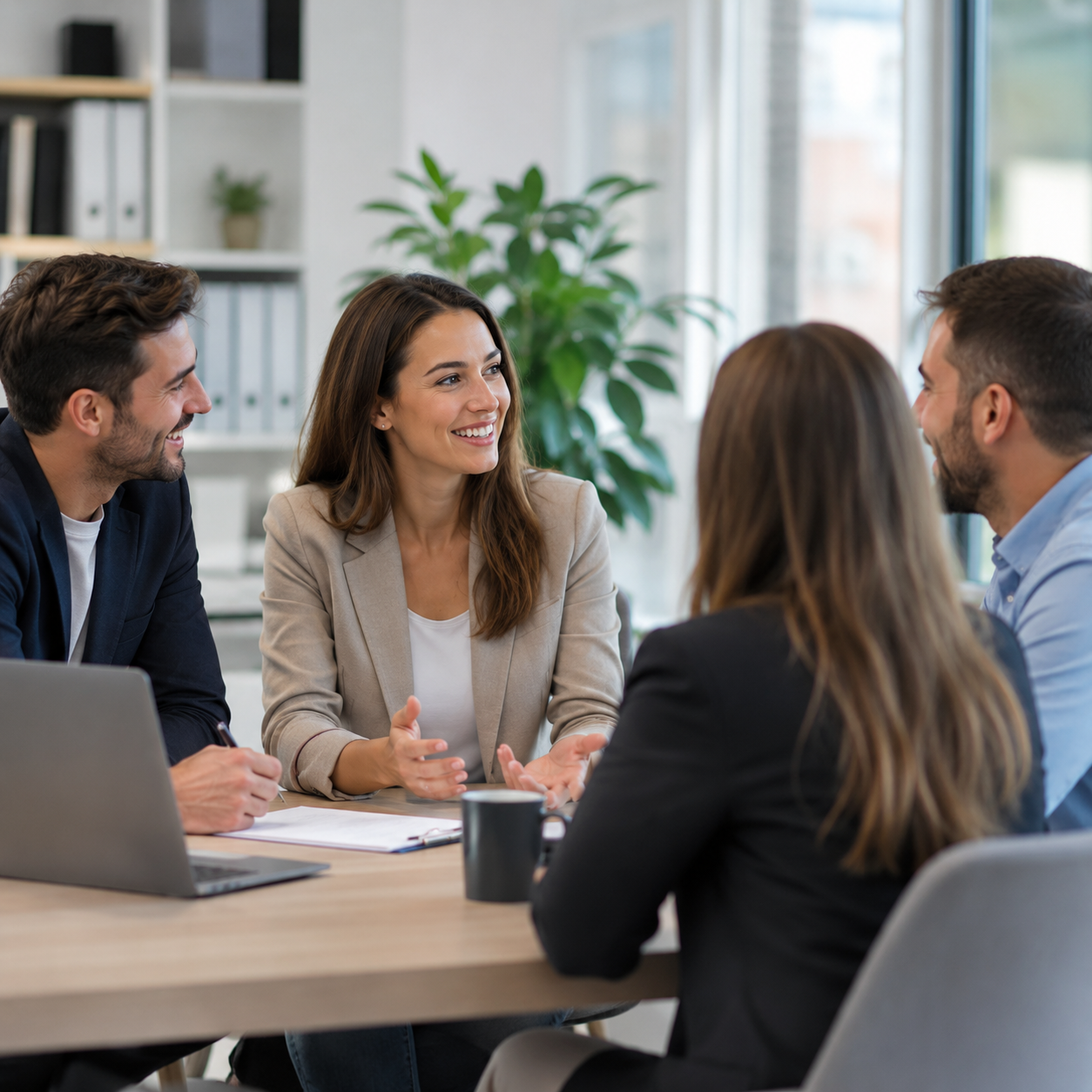Conseiller en rachat de crédits échangeant avec un client lors d’un rendez-vous personnalisé