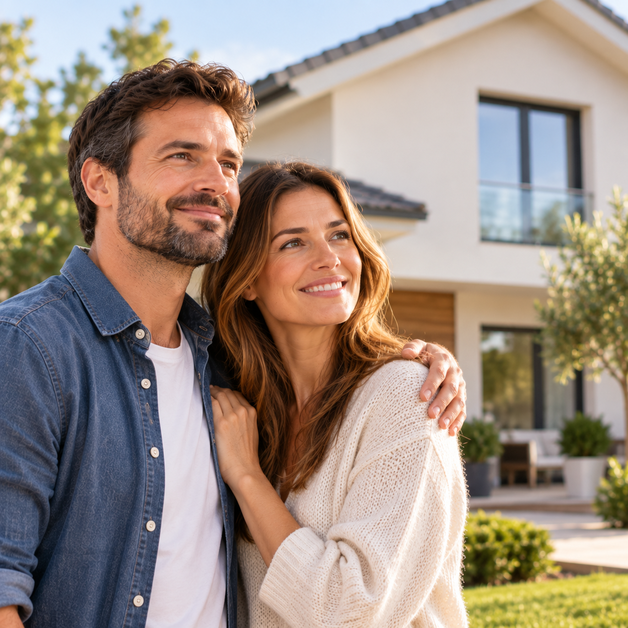 Couple propriétaire devant sa maison pour un projet de financement